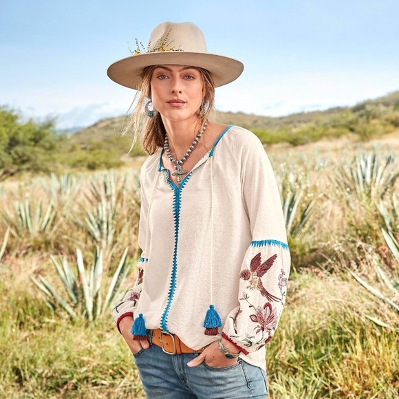 Sundance Paloma Oversized Embroidered Boho Peasant Top - Picture 2 of 8